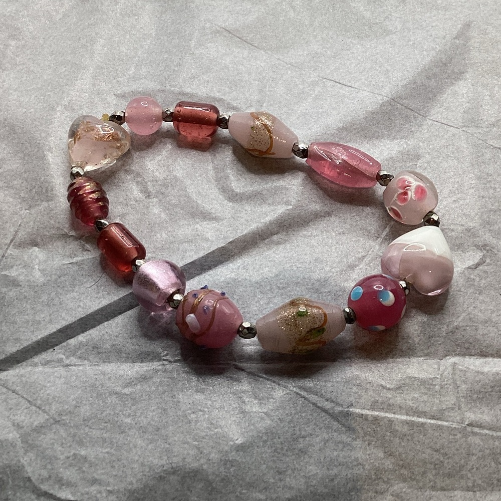 Pink Painted Glass Bead Stretch Bracelet - Women Jewelry